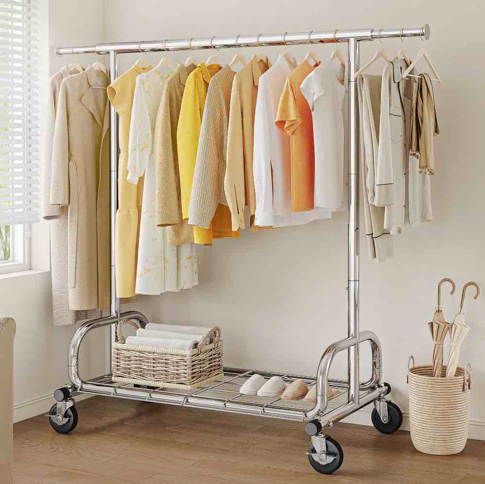 HOKEEPER Heavy Duty Clothing Rack with Shelves 300 lbs Capacity, Commercial Grade Rolling Garment Rack with Wheels, Compact Steel Clothes Rack for Small Spaces, Silver