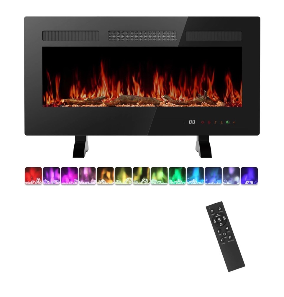 edx 36"Electric Fireplace, 1500W, 13 Adjustable Flame Colors, 12-Hour Timer, Low-Noise Design, Supports Wall-Mounted/Freestanding/Built-In Installation