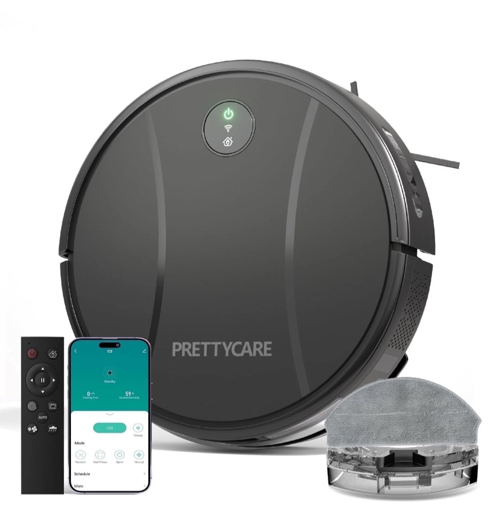 Prettycare C2 2 in 1 Robot Vacuum and Mop Combo Cleaner, Black