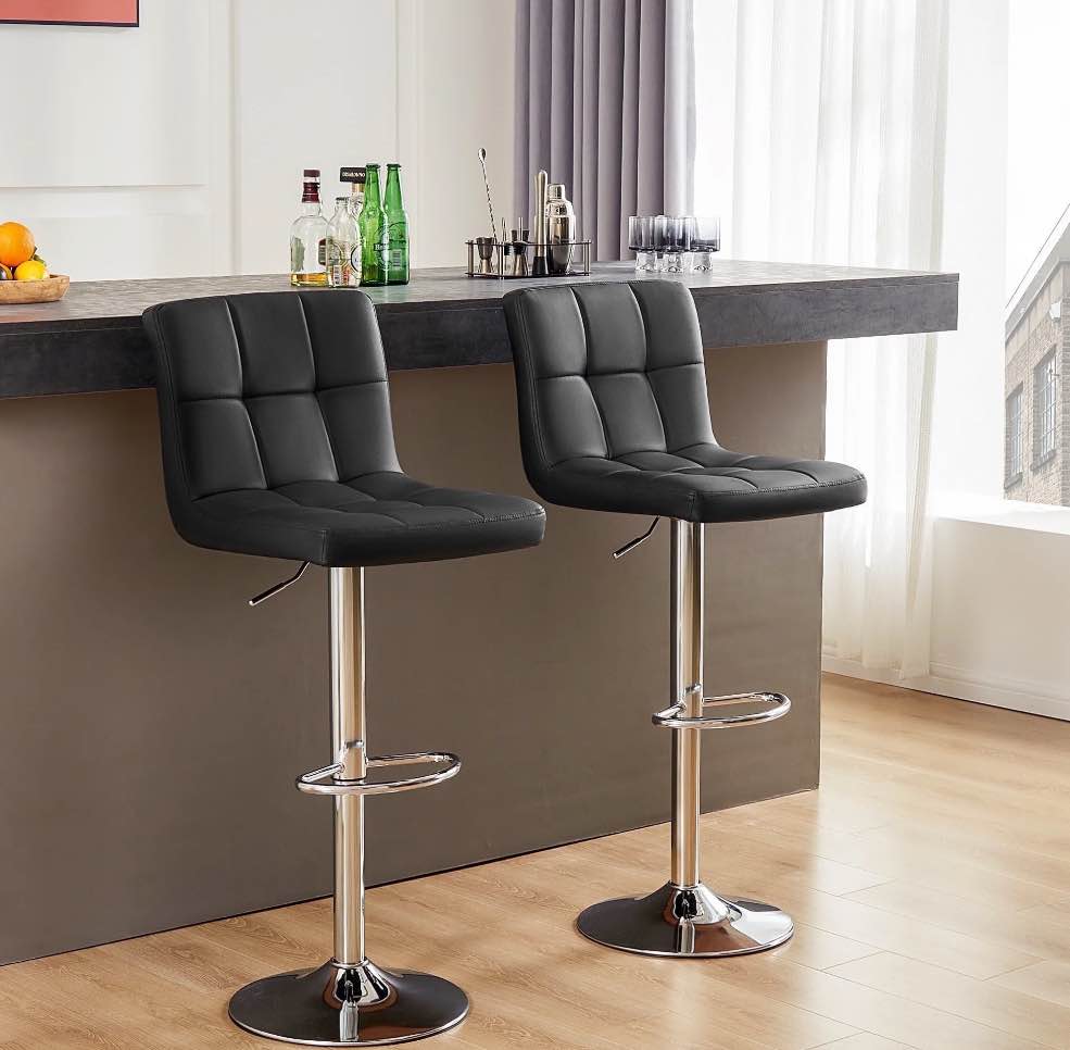 CONCETTA Bar Stools - Set of 2 Adjustable Swivel PU Leather Counter Seats, Black