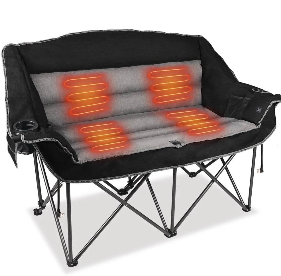 Heated Double Camping Chair Three-Level Temperature Control Outdoor Heated Camping Sofa 600 lbs Weight Capacity Black Batteries Sold Separately