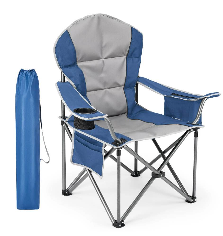 EDX Oversized Camping Folding Chair, Heavy Duty Padded Chair with Cup Holder Storage and Cooler Bag, 5000 LBS Steel Frame, Portable for Outdoor,Blue Gray
