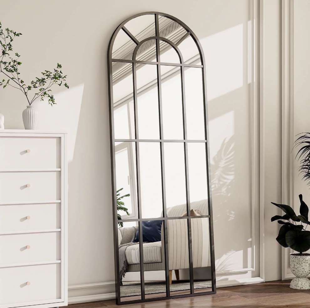 BEAUTYPEAK 69"x 25" Arched Full Length Windowpane Mirror Wall-Decor Mirror,Black