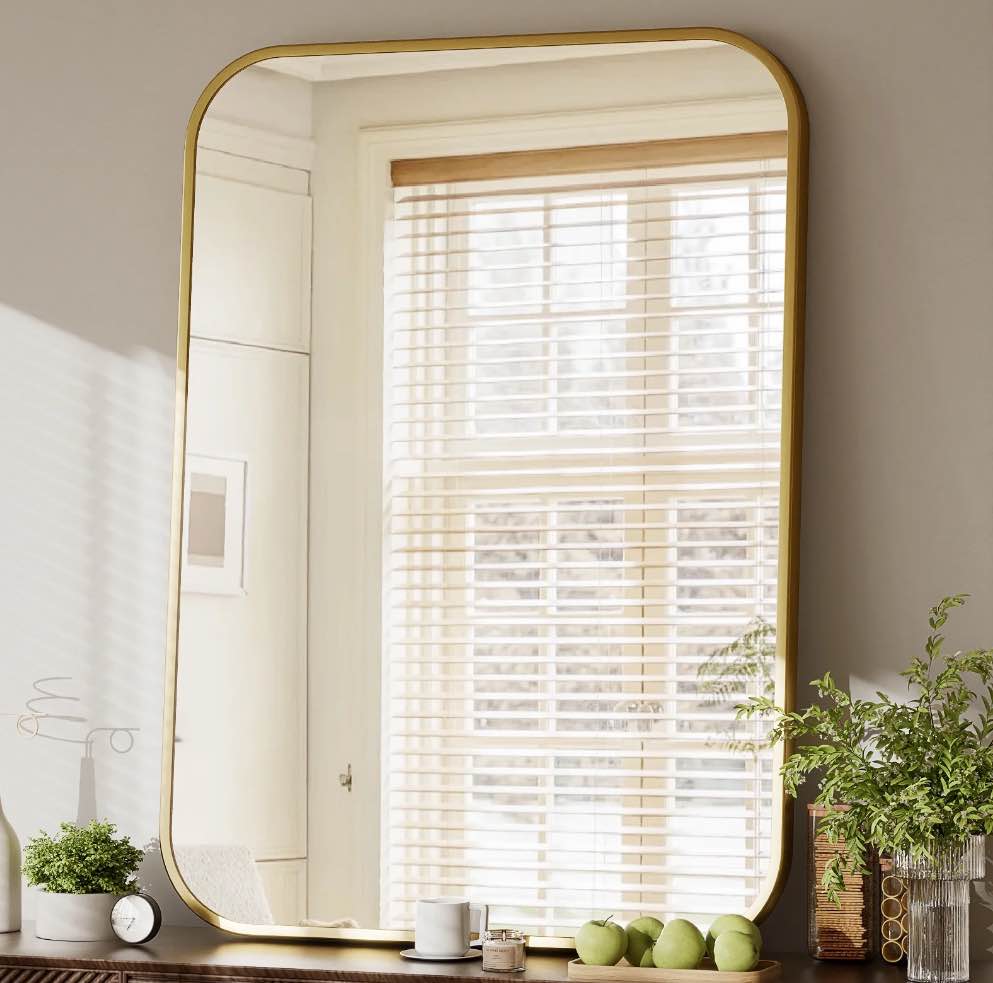 YVANLA 36 x24  Rectangular Bathroom Mirror Round-edged Wall Mounted Mirror with Aluminum Alloy Frame  Gold