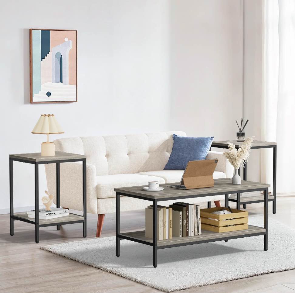 JOZ 3-Piece Coffee Table Set for Living Room, End Table Set with Storage, Includes 1 Coffee Table and 2 End Tables, Rock Gray