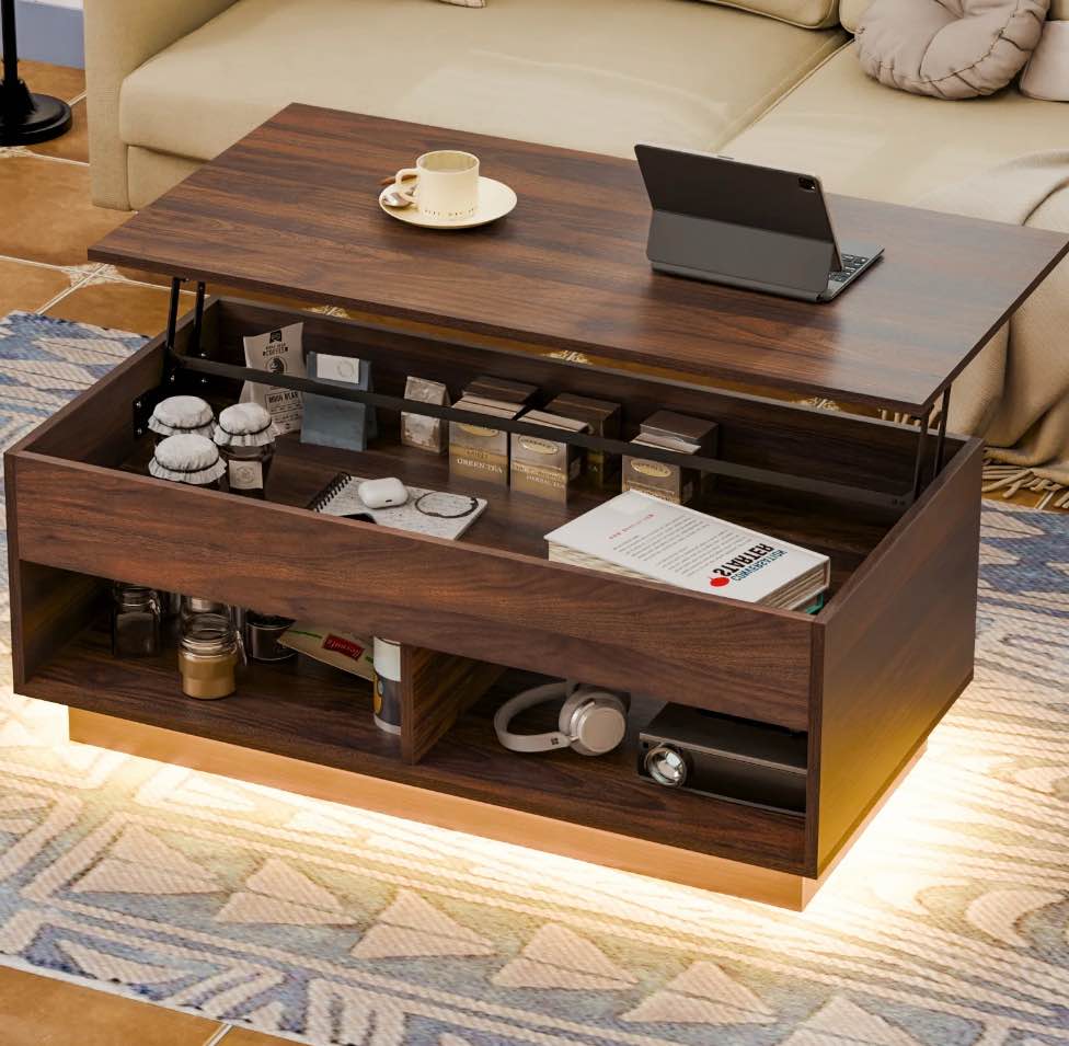 Hommpa Lift Top Coffee Table with Hidden Compartment LED Coffee Tables Dark Walnut Center Rising Cocktail Table for Living Room Accent Furniture