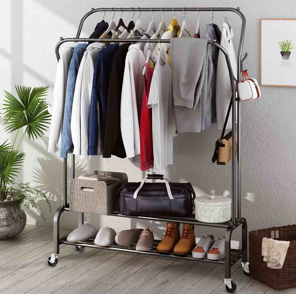 UNTIMATY Clothing Garment Rack Heavy Duty Freestanding Metal Clothes Stand Double Rail 8 Hangers 2 Shoe Shelves  Black