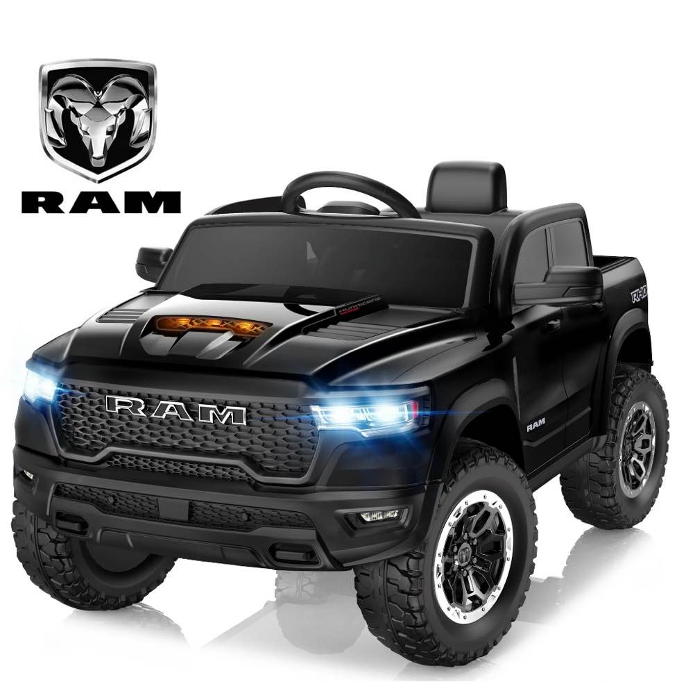 RAM 1500 Ride on Car Toy for Kids, 12V Powered Ride on Truck Toy with Remote Control, 4 Wheel Suspension, Safety Belt, Music, Bluetooth, LED Lights, Electric Cars for 3-5 Yrs Boy Girl, Black