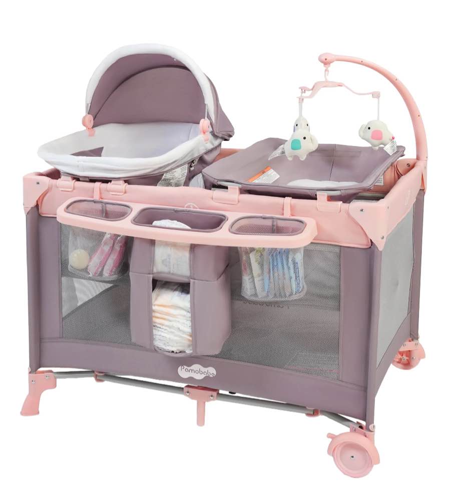 Pamo Babe 4-in-1 Baby Playard with Bassinet & Changing Table for Newborn,4-Panels Playpen