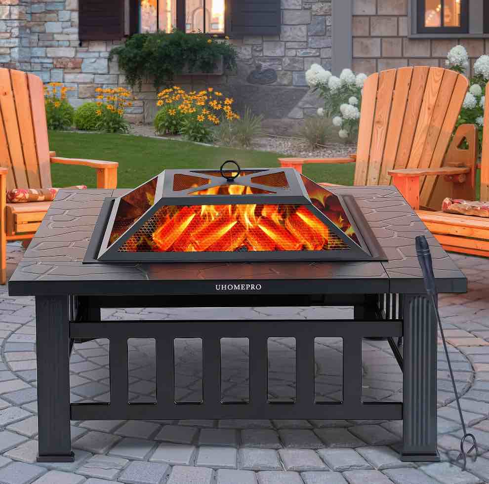 Fire Pits for Outside, 32" Wood Burning Fire Pit Tables with Screen Lid, Poker, BBQ Net, Ice Tray, Food Clip and Cover, Backyard Patio Garden Outdoor Fire Pit/Ice Pit/BBQ Fire Pit, Black
