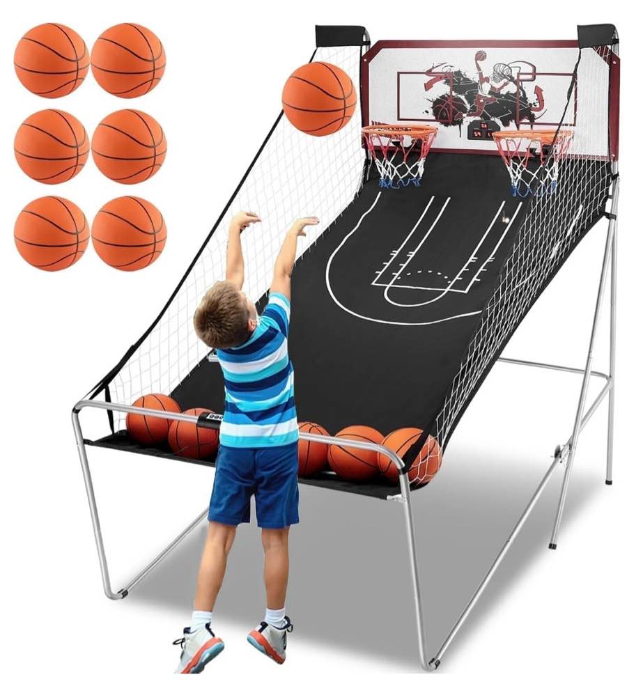 Dual Shot Basketball Arcade Game, Segmart 81"x44" Foldable Indoor Electronic Arcade Basketball Game with 6 Balls, 8 Modes, LED Scoreboard, Air Pump, Battery Powered for Adults, Black