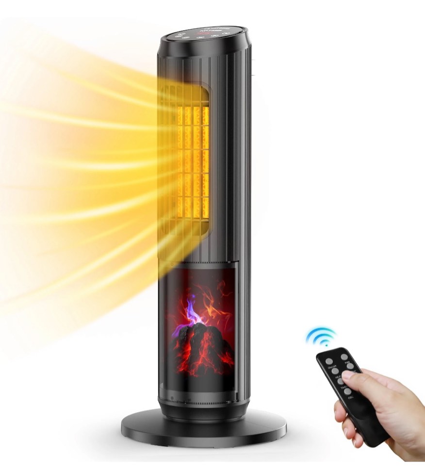 NFTIGB 24 inch Space Heater, 1500W Quiet Oscillating Ceramic Heater for Large Room, PTC Electric Heater with Realistic 3D Flame Effect, Remote Control, Thermostat, for Office, Bedroom, Indoor Use