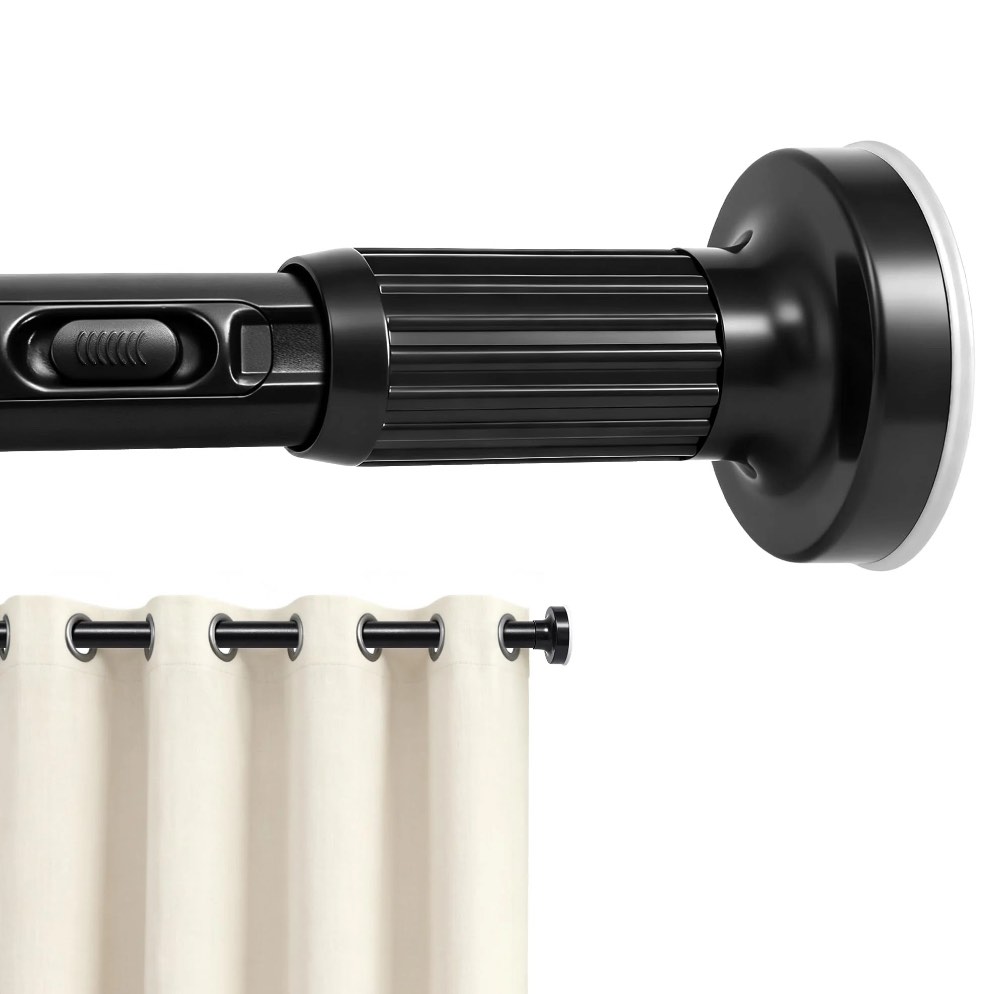 VEGCOO   One-Push Tension Curtain Rod, 39-122 inches Extra Long No Drill Adjustable Spring Rod, , Rustproof Steel for Patio Outdoor Bathroom Window, Matte Black