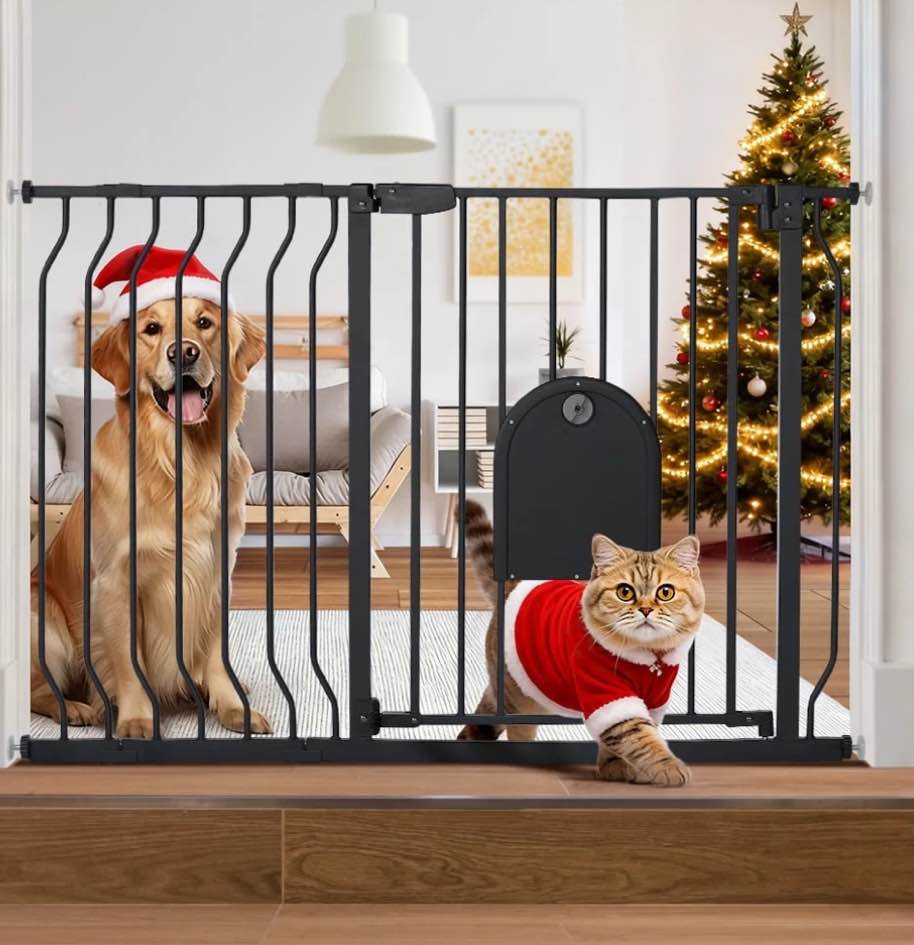 Caveen 29.5-48.4" Wide Pet Safety Gate with Cat Door Pressure Mount, Black