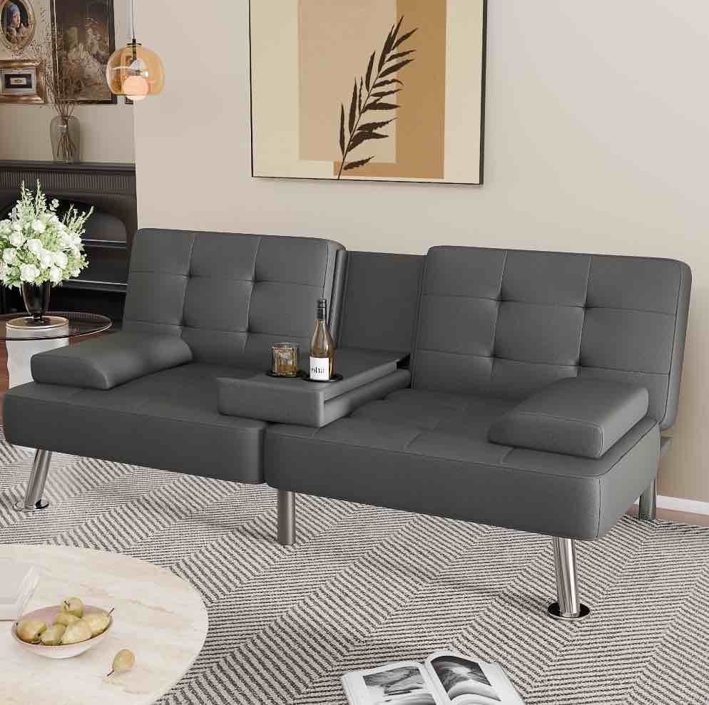Lumihaven Futon Sofa Bed Folding Leather Modern Couch with 2 Cup Holders,Removable Armrests,Gray
