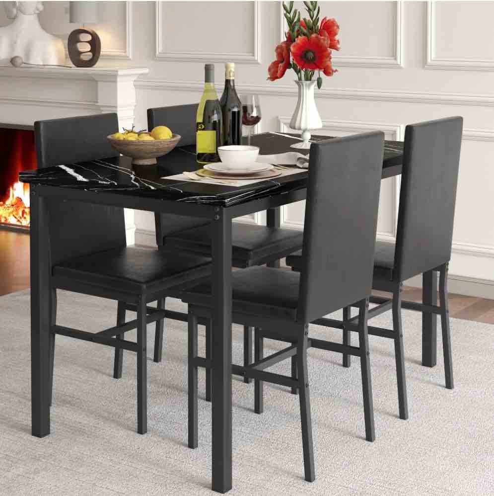 5 Piece Dining Table Set, Modern Faux Marble Tabletop and 4 PU Leather Upholstered Chairs, Rectangle Kitchen Table and Chairs for 4 Persons, Small Dining Set for Bar Dining Room Breakfast Nook