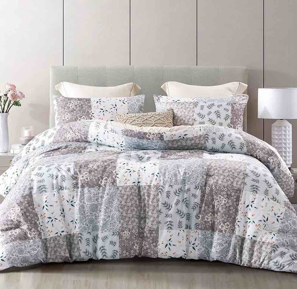Whale Flotilla 3-Piece Queen Comforter Set, Soft Reversible Bedding Comforter Sets, Patchwork Printed Down Alternative Comforter Duvet for All Seasons, Grey