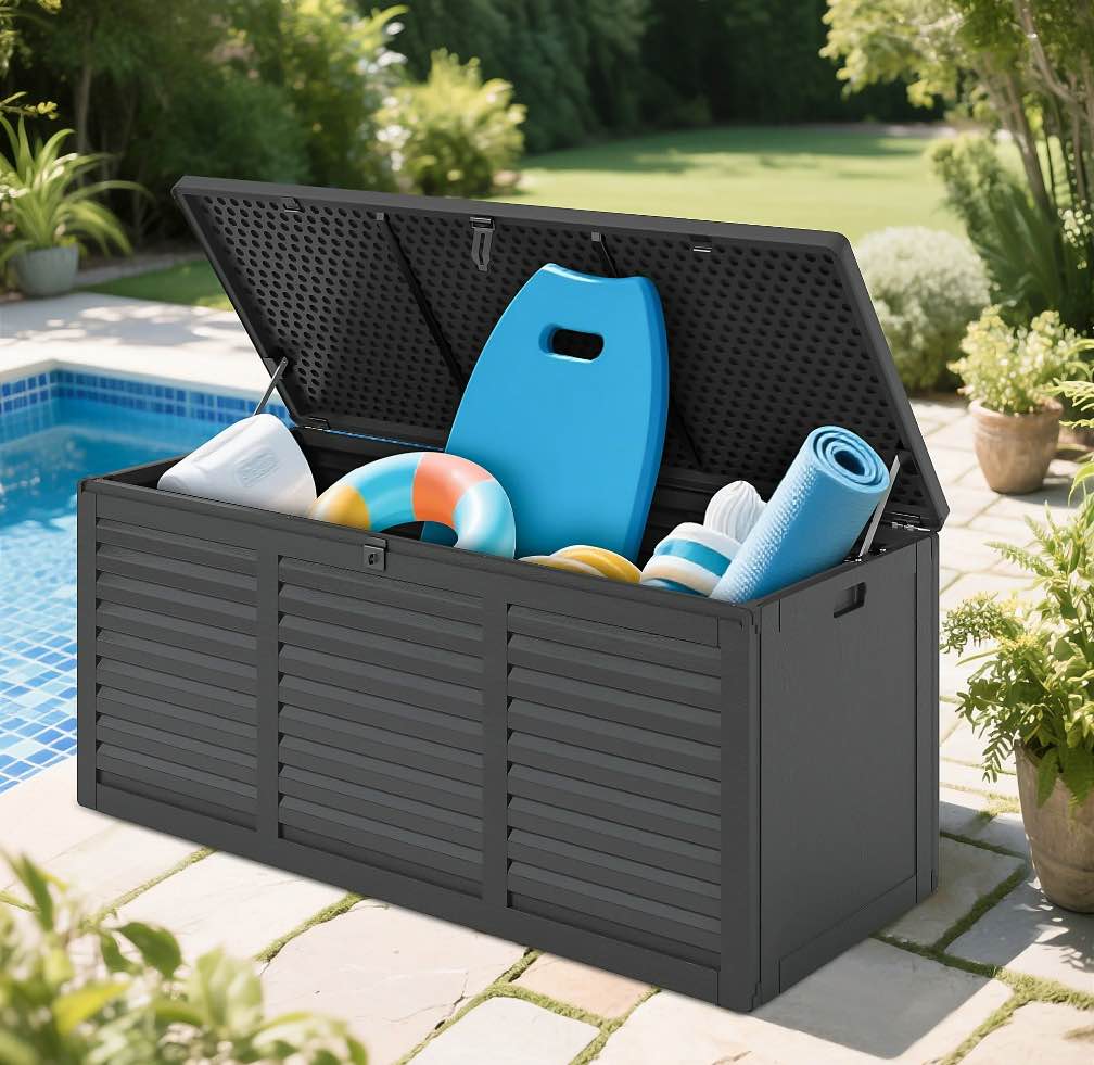 120 Gallon Resin Deck Box  Outdoor Lockable Storage Container for Patio Cushions  Garden Tools  Pool Supplies  Toys  Waterproof and UV Resistant  Dark Gray
