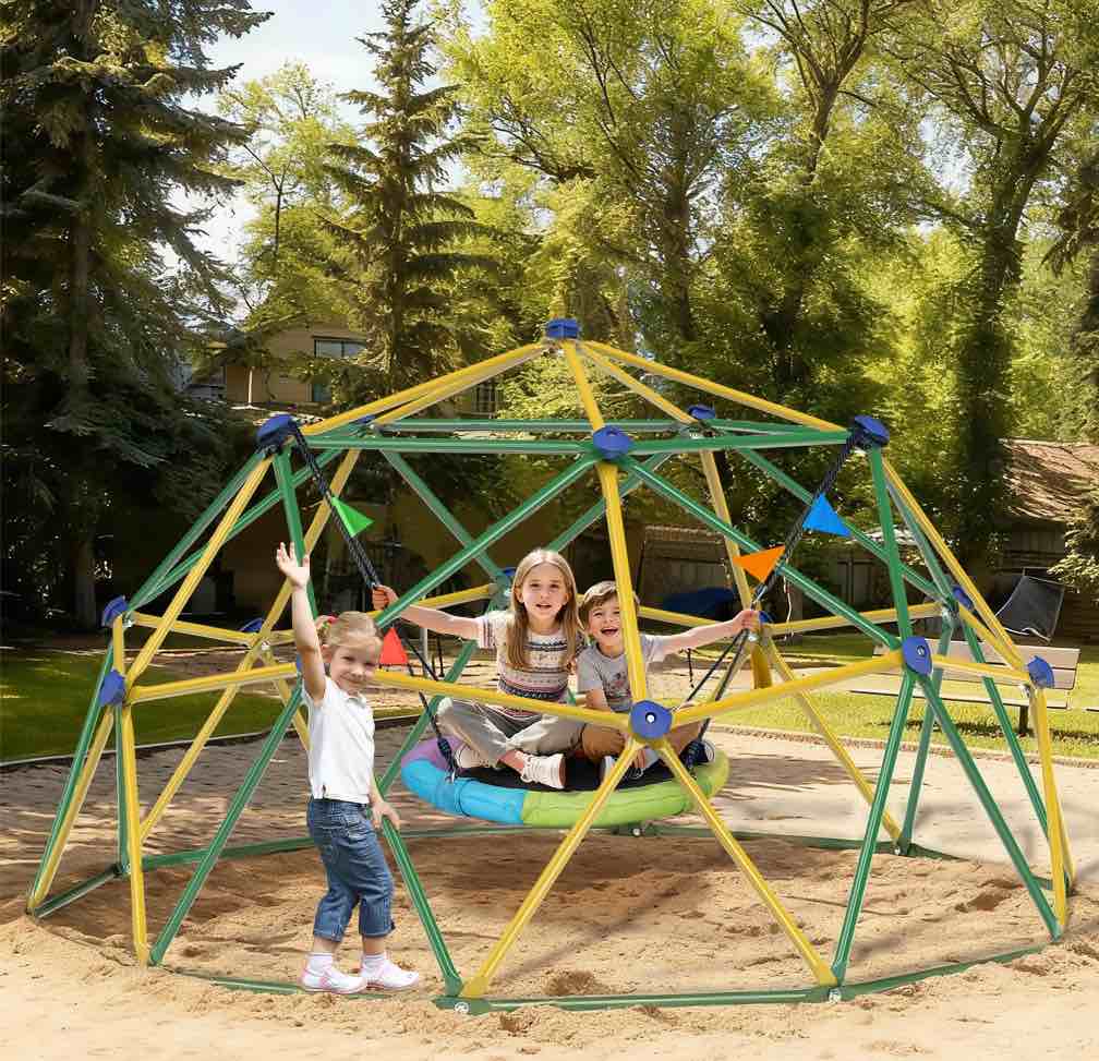 GIKPAL 4-in-1 Jungle Gym 120  Dome Climber with Hammock &Swing for Kids Outdoor Play Equipment  Supports up to 1000lbs Jungle Gym  Anti-Rust  Easy Assembly  Yellow+ Green