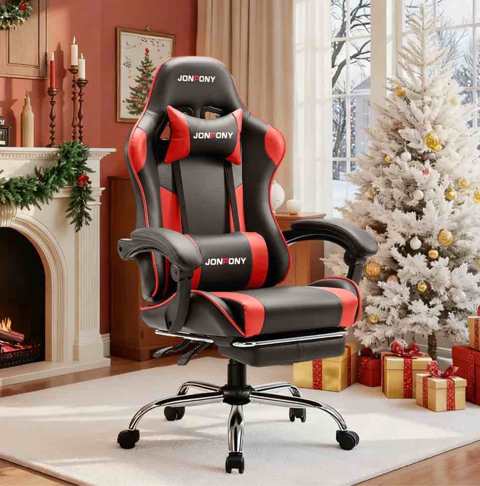 JONPONY Big and Tall Gaming Chair, Ergonomic Design, Gamer Chair PU Leather with Footrest and Lumbar Support, High Back Office Chair Support 8 Hours Long Sitting, Computer Chair,Black RED
