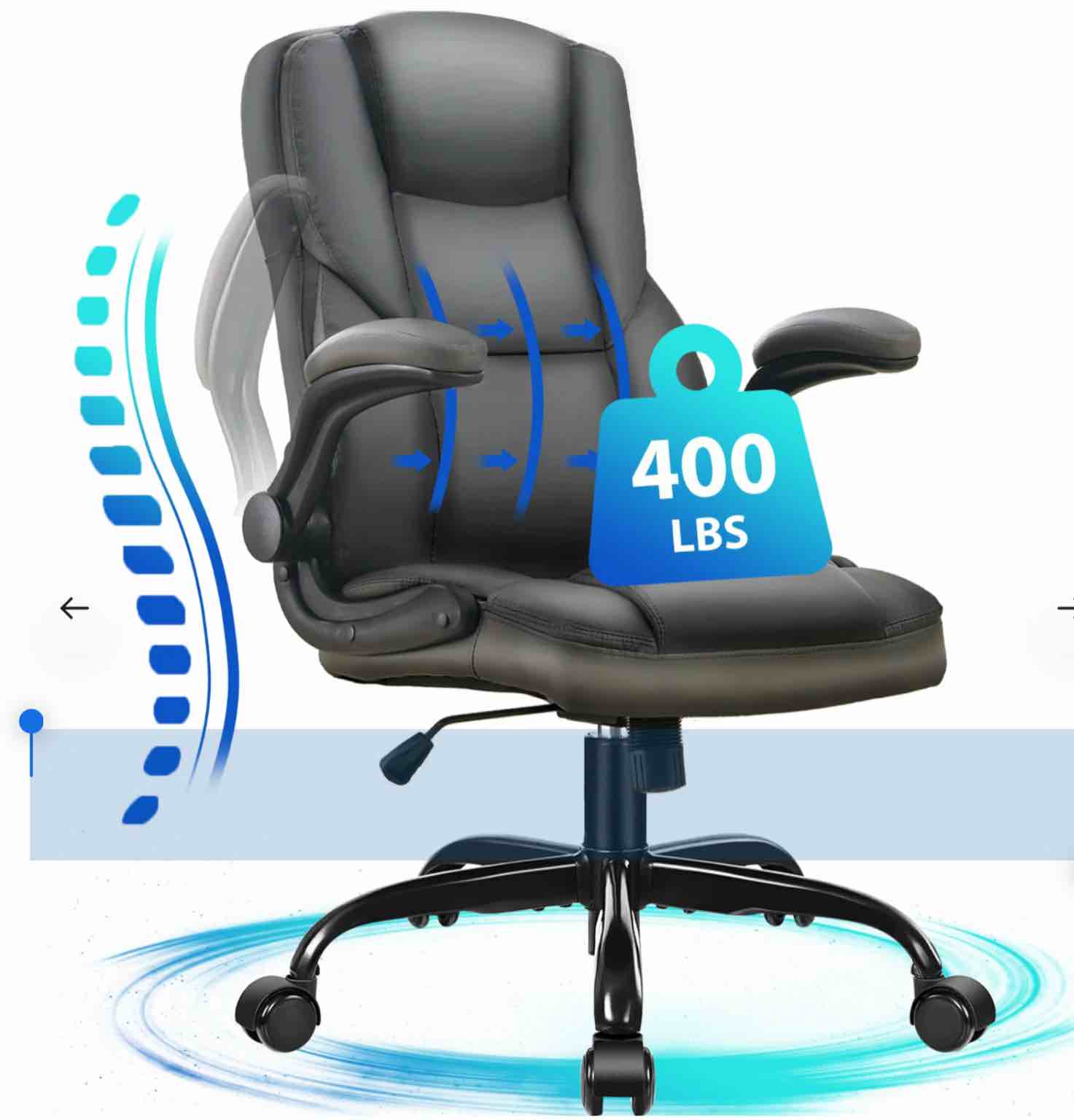 JONPONY Big and Tall Office Chair 400LBS Wide Seat Ergonomic Computer Desk Chair High Back Executive Leather Chair Adjustable Task Chair Lumbar Back Support 8 Hours Heavy Duty Design,Black  