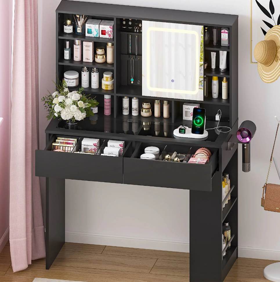 Ktaxon Makeup Vanity w/ Visible Glass Top, Get Ready with Me Vanity with Mirror, LED Sliding Mirror,Black