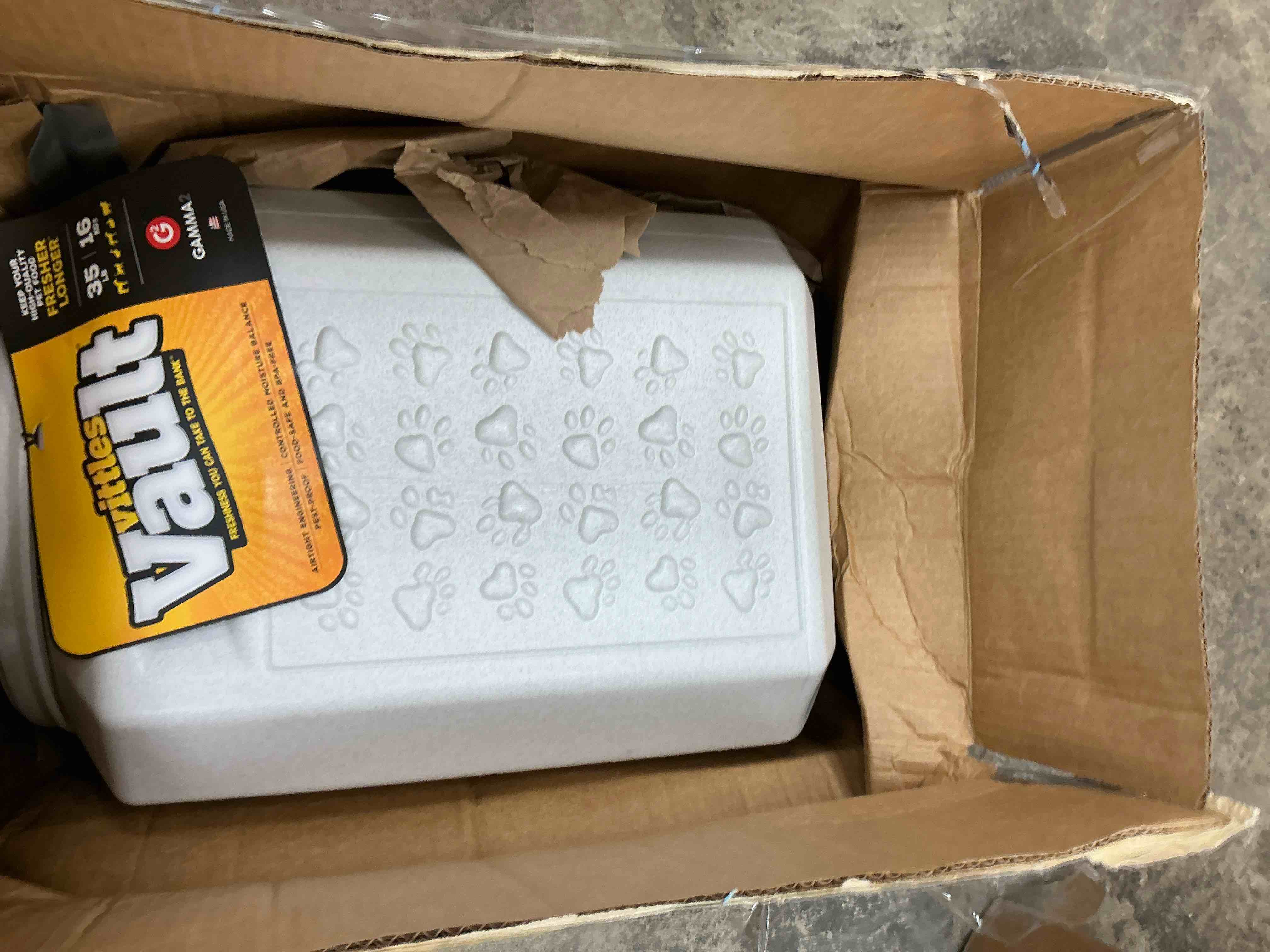 Condition photo showing Good Condition for Gamma2 Vittles Vault Outback Pawprint Plastic Dry Pet Food Storage Container  Gray  35 Pound Capacity