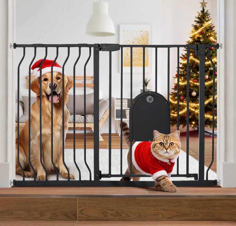 Caveen 29.5-48.4" Wide Pet Safety Gate with Cat Door Pressure Mount, Black