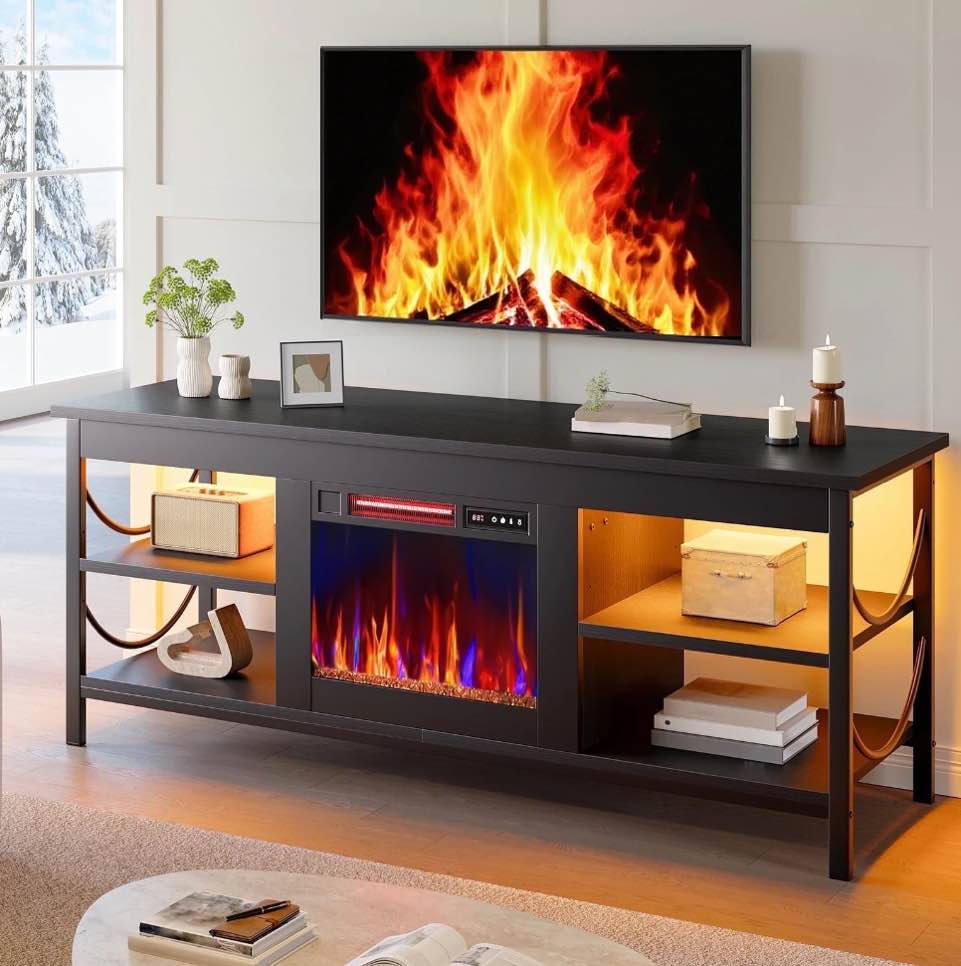 Pinmoco LED Fireplace TV Stand for TVs up to 65", Farmhouse Entertainment Center with Electric Heater, Media Console with Adjustable Shelves & Cable Management, Black