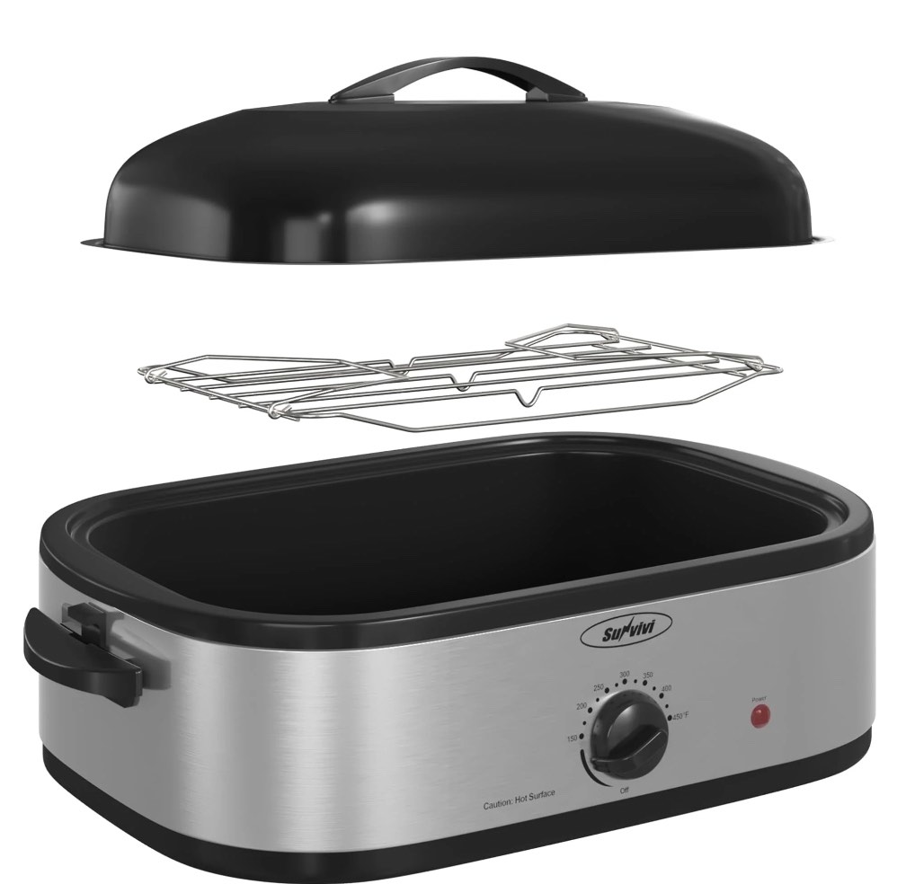 Superjoe 14 QT Electric Roaster Oven, with Self-Basting Lid, Stainless Steel Roaster Pan, Silver