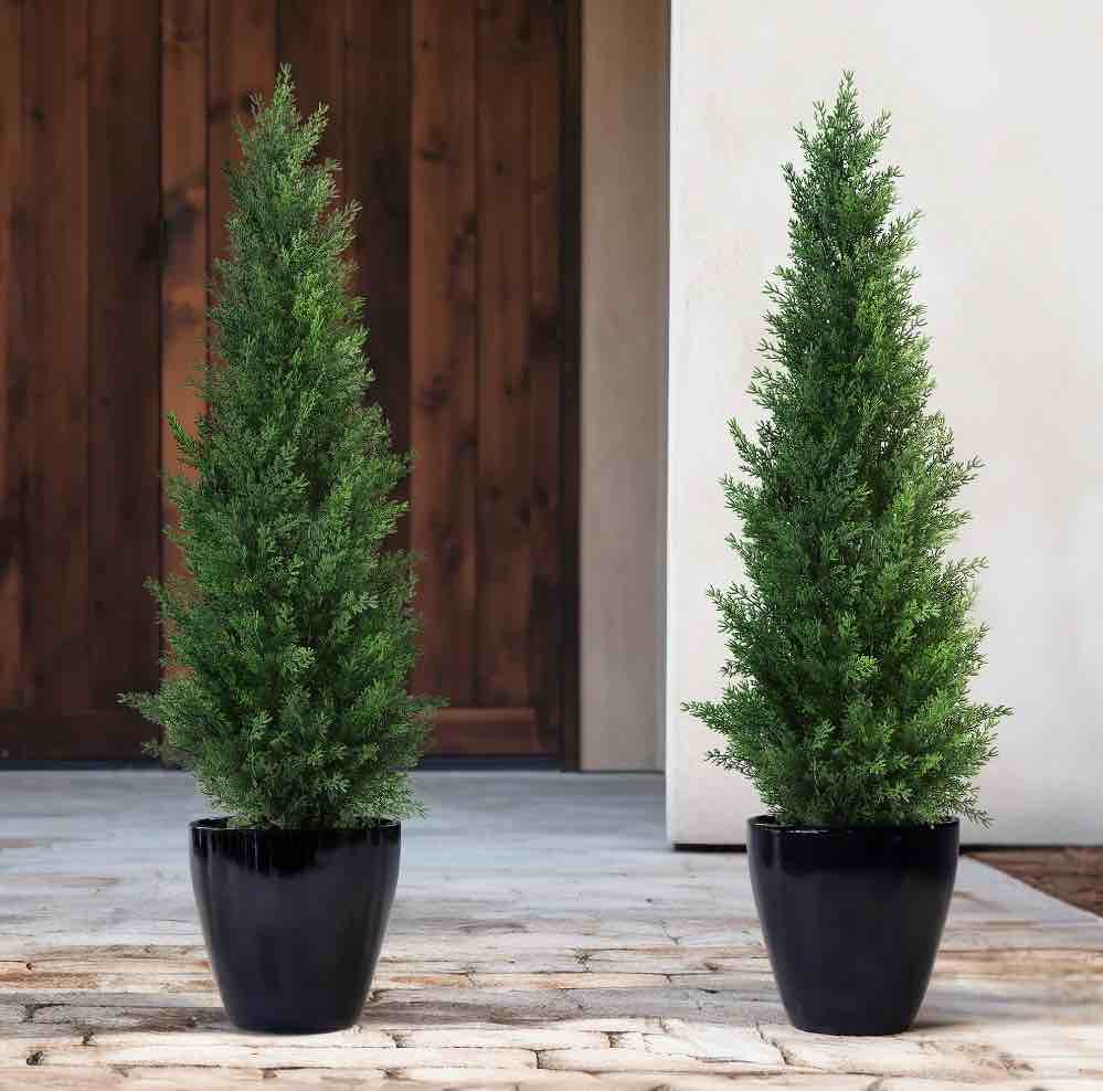 Artificial Cedar Tree 2 Pack 4 ft Outdoor Artificial Topiary Cedar Plants Fake Tree UV Rated Potted Tree for Perfect Housewarming Gift, Set of 2