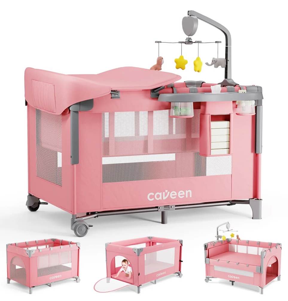 Baby Bassinet, Caveen 5 in 1 Baby Playard with Bassinet, Portable Bedside Sleeper Baby Crib, with Removable Changing Station & Storage Organizer, Pink