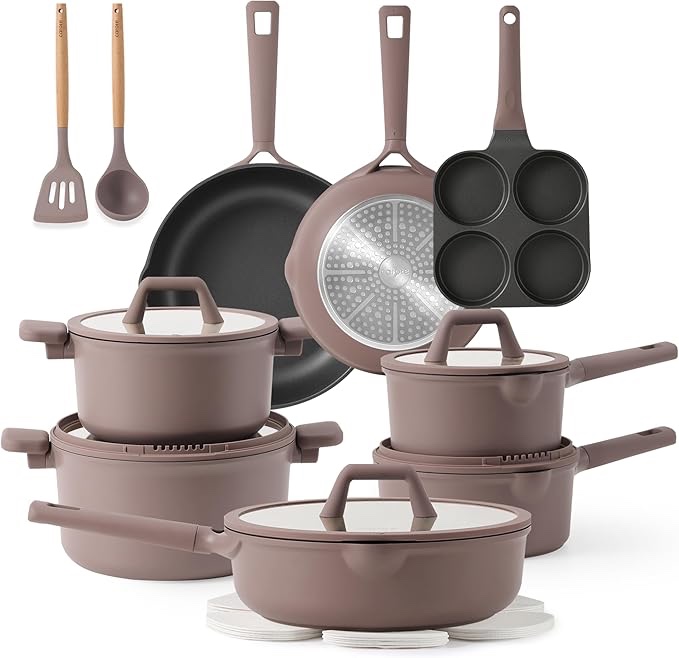 CAROTE 25PCS Ceramic Cookware Set, Pots and Pans set Non Stick, RV Kitchen Cooking Set Removable Handles, Oven Safe, Induction Cookware, Non-toxic Kitchen Cooking Set,