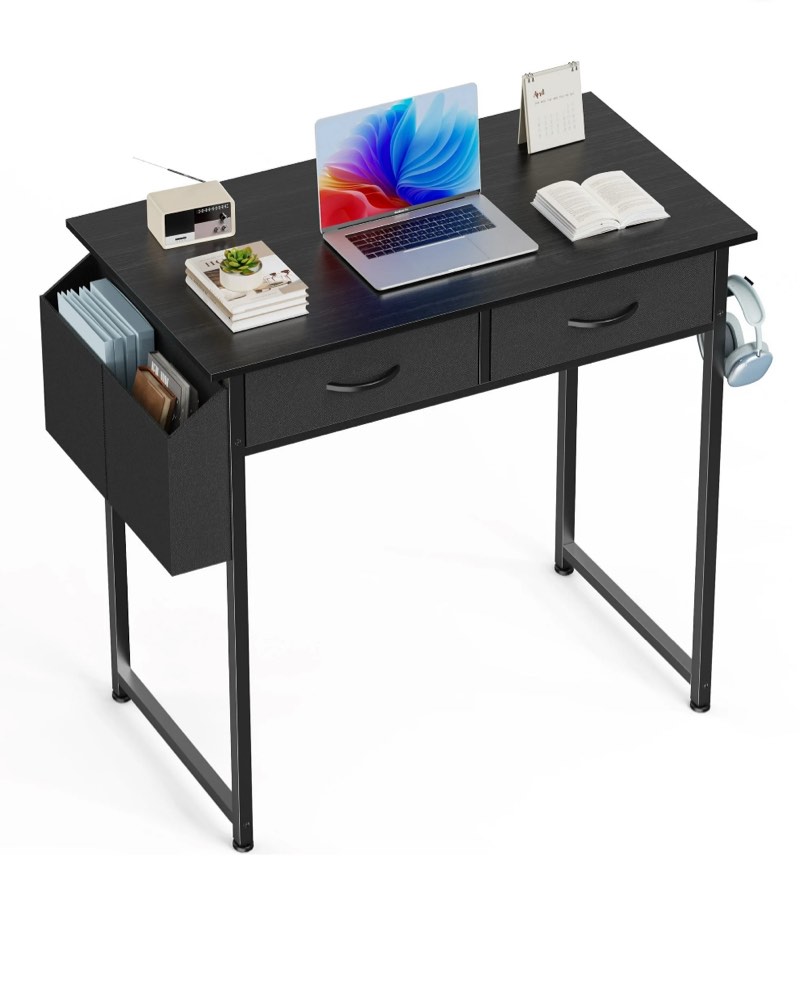 edx Small Desk with Fabric Drawers & Storage Bag Iron Hook, Home Office Computer Desk, Writing Desk Small Space Desk Study Table for Home, Bedroom, 32 Inch, Black