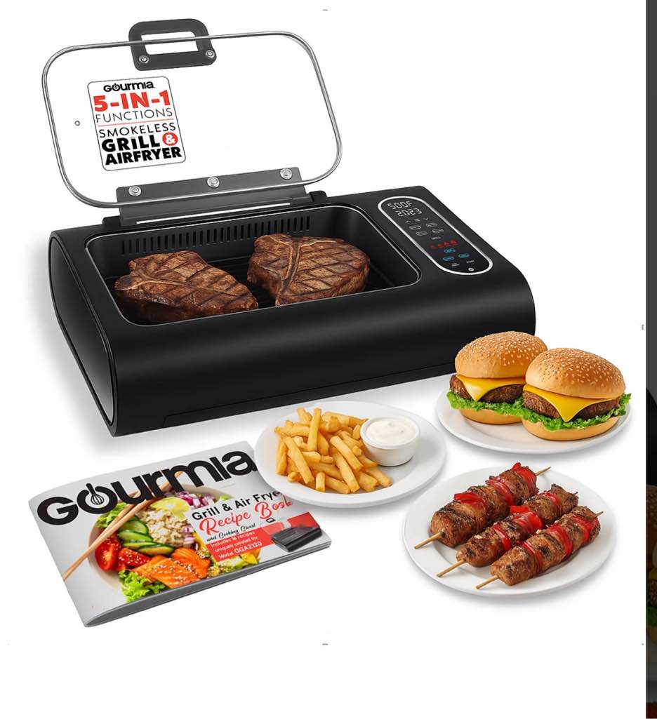 Gourmia 6 Qt Smokeless Indoor Grill & Air Fryer, 5-in-1 FoodStation, Black
