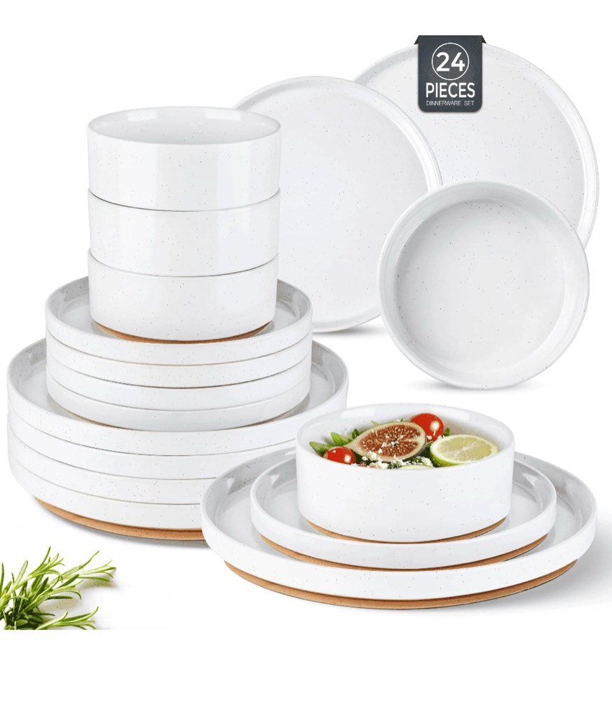 AmorArc Ceramic Dinnerware Set for 8 | Speckled Stoneware Plates and Bowls with unglazed terracotta | Scratch Resistant, Dishwasher & Microwave Safe ,Service for 8 Dishes Set(24pcs),White