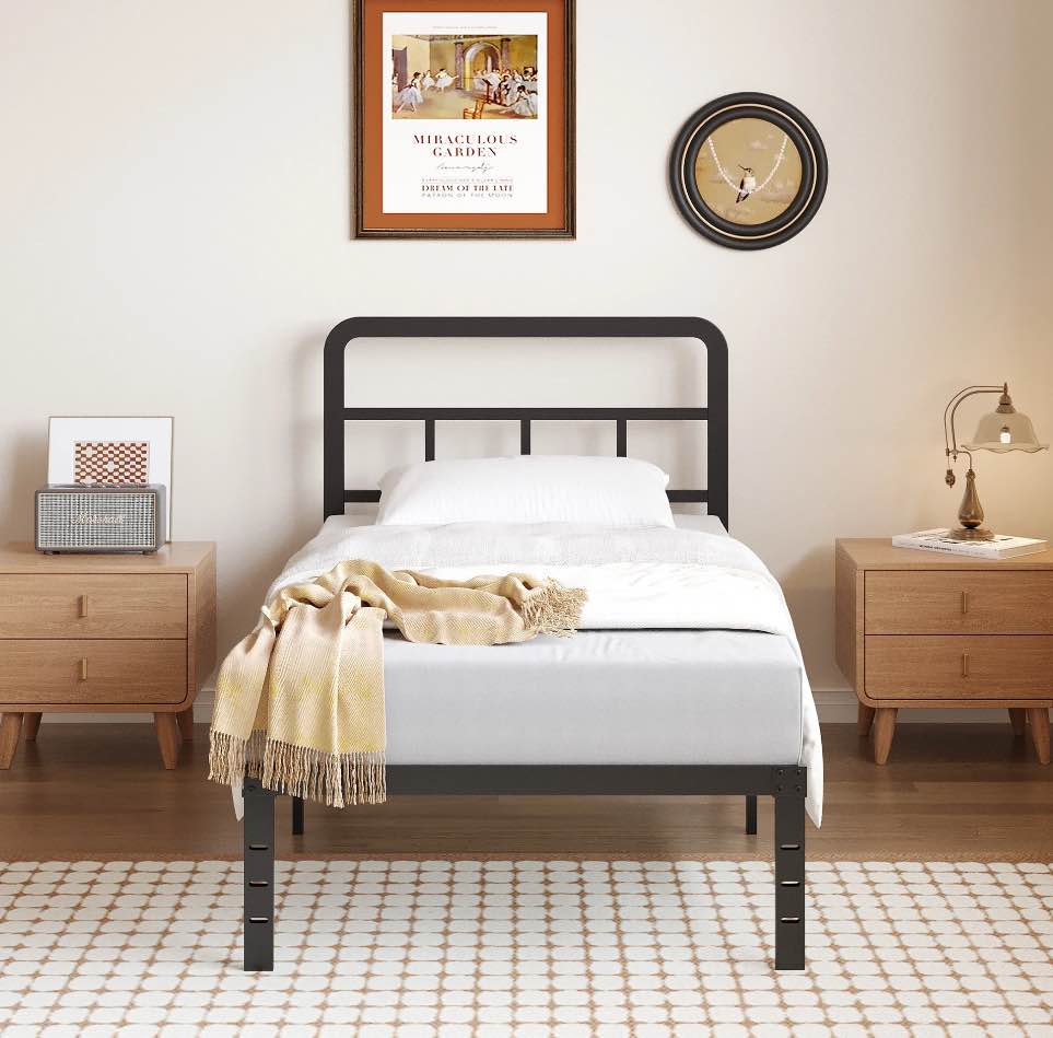 Maenizi Metal Platform Twin Bed Frames with Headboard, 14 inch No Box Spring Needed Heavy Duty Steel Slat Mattress Foundation/Easy Assembly/Noise Free/Black