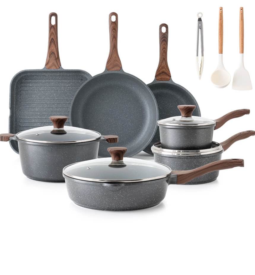 SENSARTE Nonstick Pots and Pans Set, 21 Pieces Non Stick Granite Cookware Set Gray, Induction Kitchen Cookware Sets