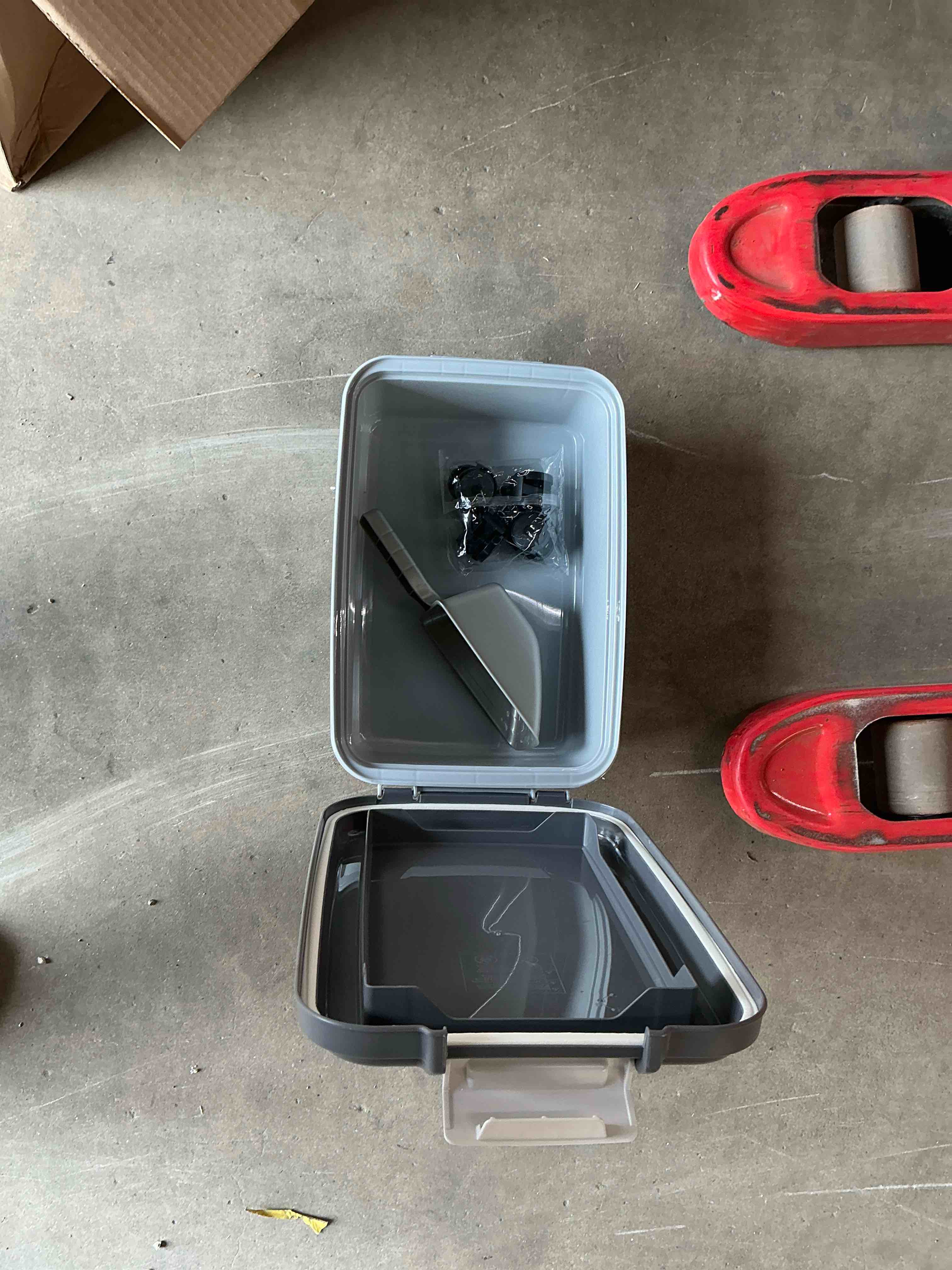 Condition photo showing New/Like New for IRIS USA Dog Food Storage Container, 30 lbs & 11 lbs Combo, Cat Food Storage Container, Dog Treat Container, Airtight, Stackable, 2-Cup Scoop, Wheels, Easy Mobility, Gray