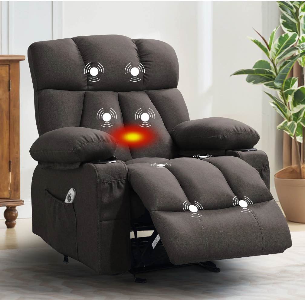 JONPONY Manual Recliner Chair with Heat Therapy and Massage Function, Heavy Duty Reclining Mechanism Massage Chair, Elderly Single Rocker Sofa with Cup Holders for Bedroom Home Theater,Black