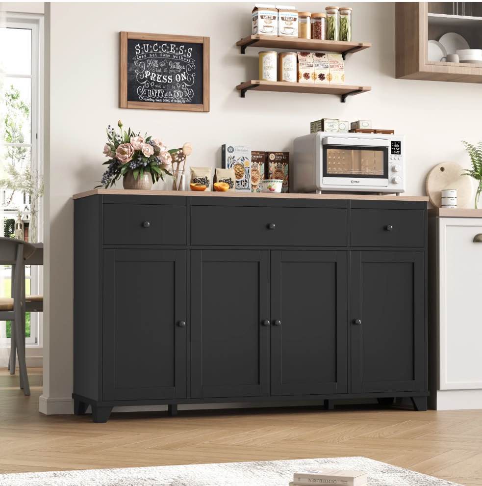 Homfa 55"W Kitchen Sideboard Credenza, 4-Doors 3-Drawer Wood Buffet Storage Cabinet with Adjustable Shelves, Black & Brown