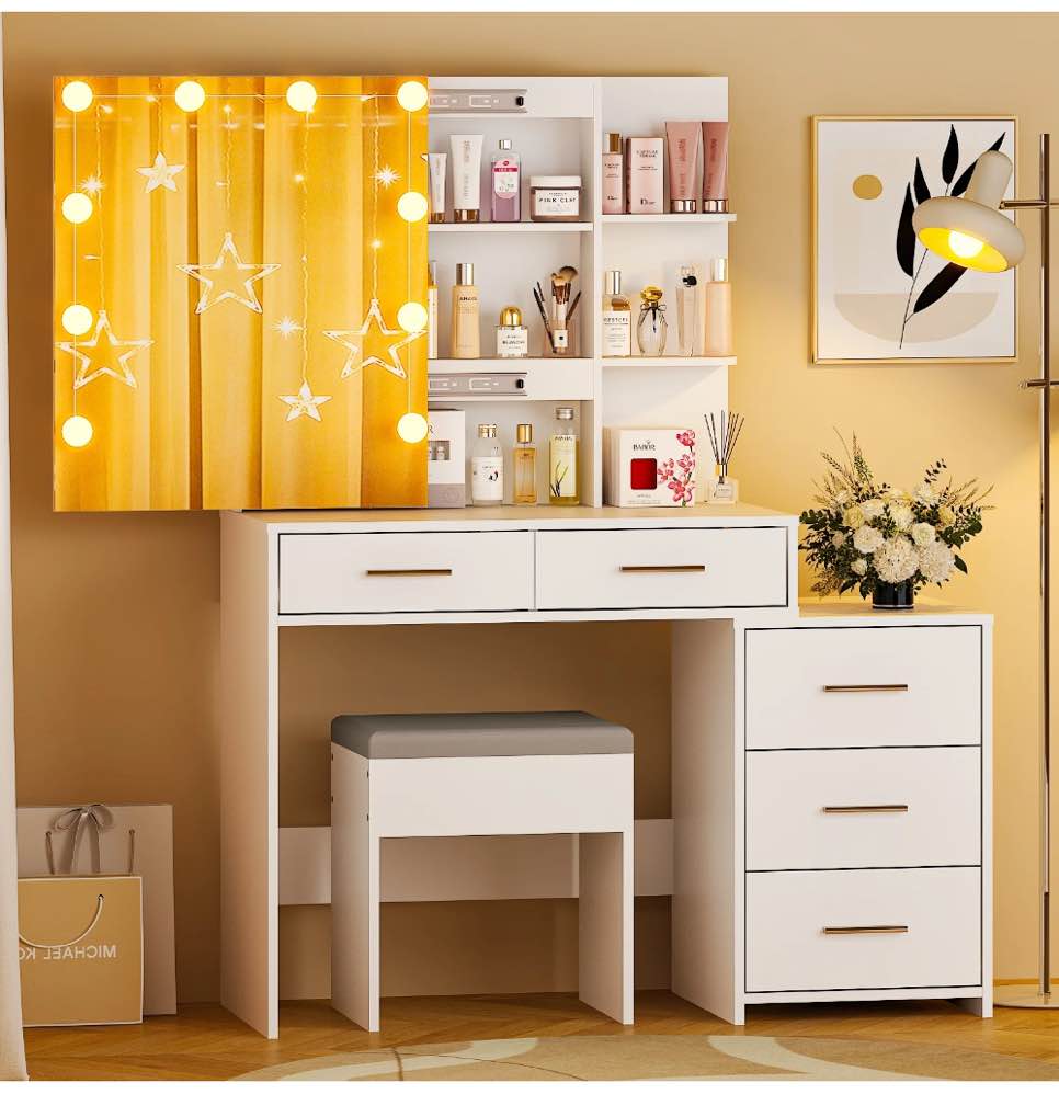 Ktaxon Lighted Makeup Vanity Table Set, Dressing Table with Sliding Mirror, Vanity Desk , White