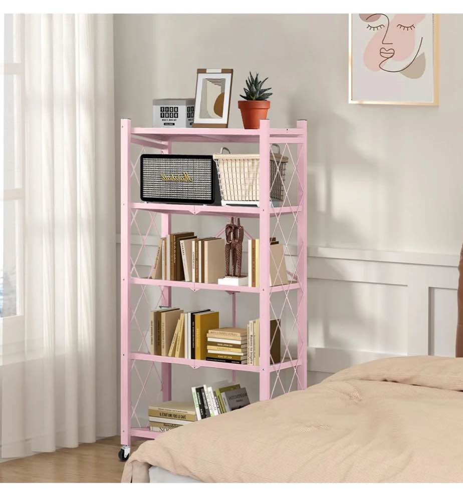 COOKCOK 5-Tier Storage Shelving Unit  Metal Shelf 27.9 x13.4 x62.5  Foldable Storage Shelf with Wheels  Garage Shelf  Kitchen Shelf with 4 Hooks  No Assemble Require  Pink