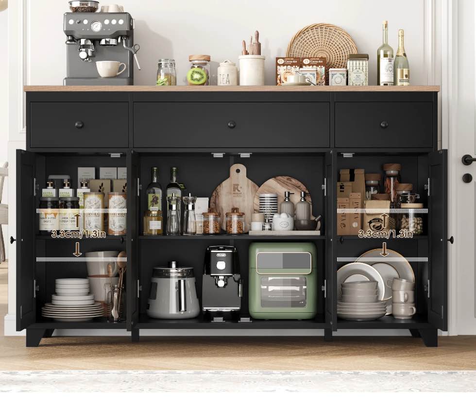 Homfa 55"W Kitchen Sideboard Credenza, 4-Doors 3-Drawer Wood Buffet Storage Cabinet with Adjustable Shelves, Black & Brown