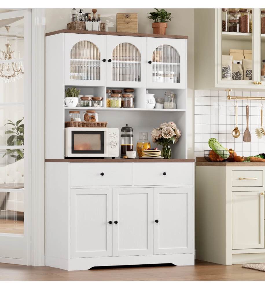 Hiphuta 71"in Modern Kitchen Pantry Storage Cabinet, Freestanding Kitchen Hutch Cabinet with Adjustable Shelves & Microwave Stand, Modern Coffee Hutch for Dining Room, White