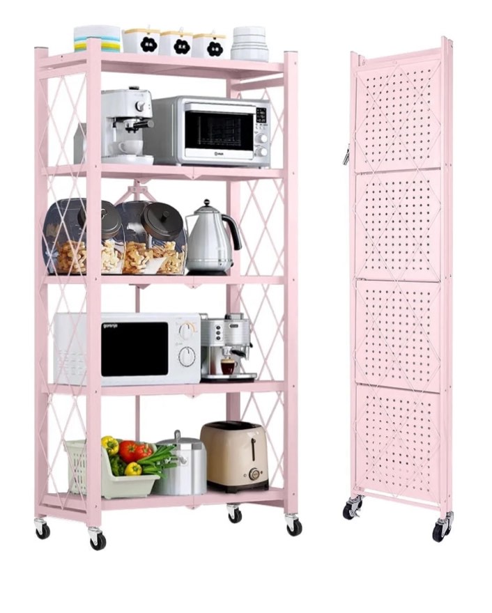 COOKCOK 5-Tier Storage Shelving Unit, Metal Shelf 27.9"x13.4"x62.5, Foldable Storage Shelf with Wheels, Garage Shelf, Kitchen Shelf with 4 Hooks, No Assemble Require, Pink