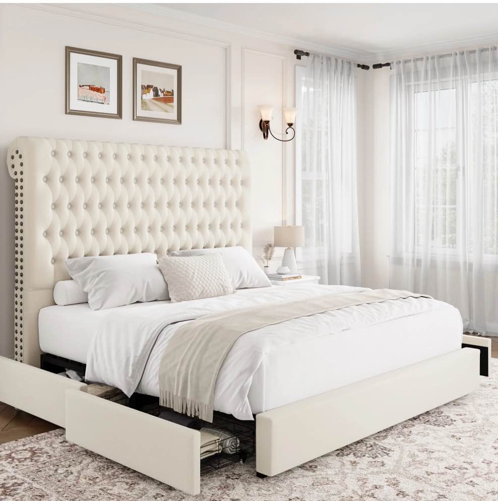 Homfa 54.7" Tall Headboard Bed Frame, King Size Storage Bed with Tall Headboard, Tall Upholstered Bed with Footboard and Drawers, off-white