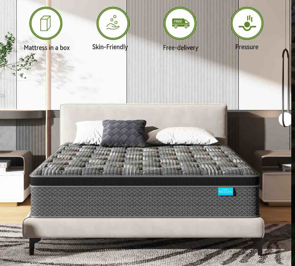 King Mattress,Nisien 14 Inch Hybrid Mattress in a Box, Gel Foam Mattress, Individually Wrapped Pocket Coils Innerspring Mattress, Support & Pressure Relief, Medium Firm Feel, 76"*80"*14"