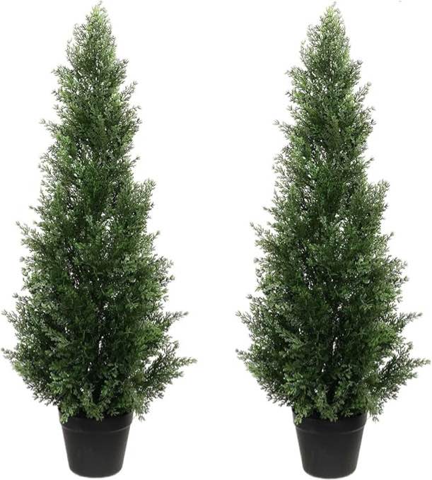 Artificial Cedar Tree 3FT Artificial Cedar Topiary Trees for Outdoors Potted Fake Cypress Trees Faux Evergreen Plants for Home Porch Decor Set of 2