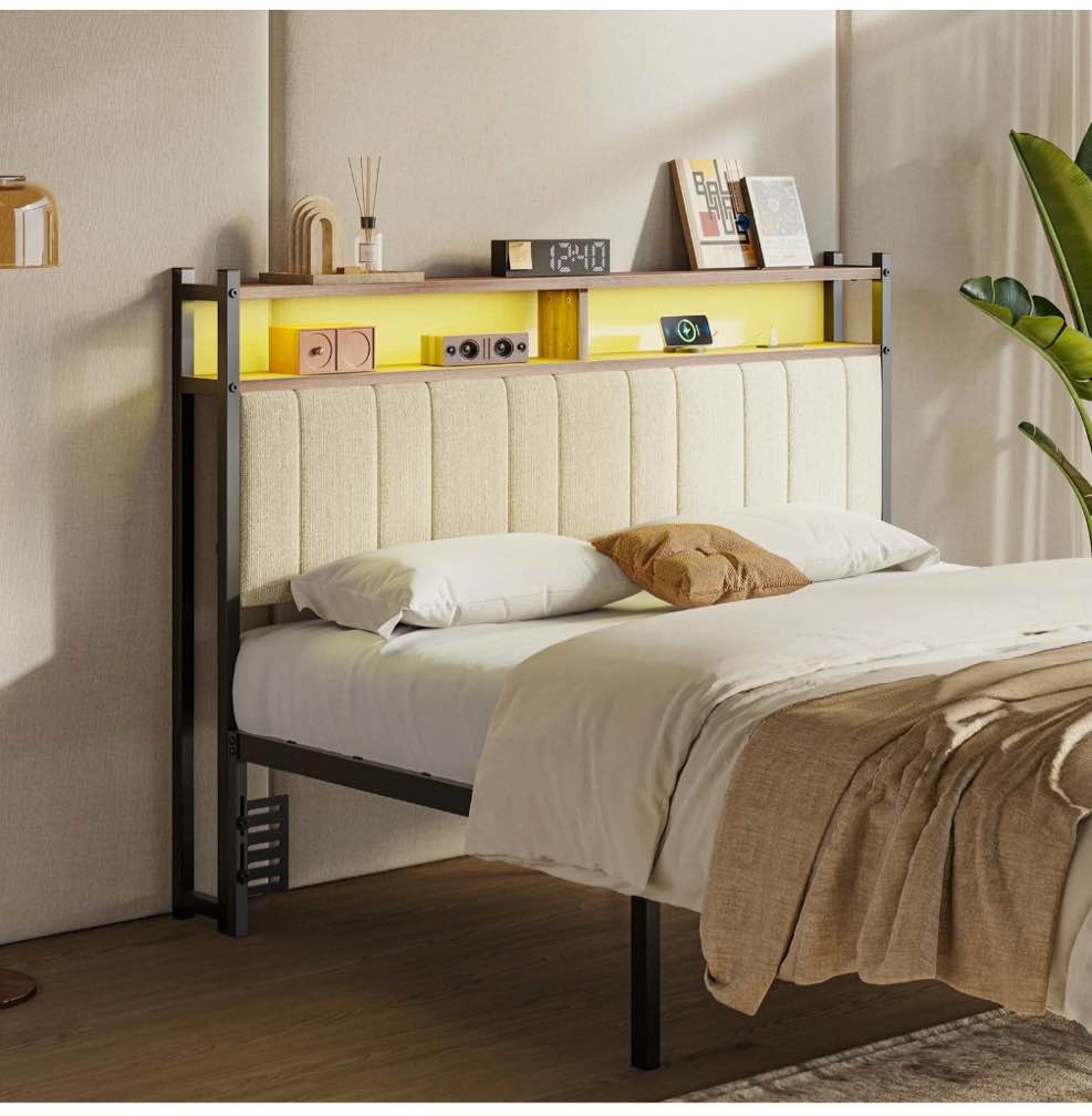 Pinmoco Upholstered Headboard for Queen Bed with Storage, Linen Head Board with LED Light and Charging Station, Beige, Headboard Only(Bed Frame Not Included)